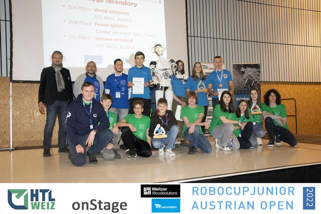 Siegerfoto von "onStage" mit dem Team Weitzer Woodsolutions – powered by "Weitzer Parkett"
(3. Platz) und dem Team Inmoov reloaded – powered by "BT-Anlagenbau" (1.Platz); beide Teams HTL Weiz | Foto: HTL Weiz
