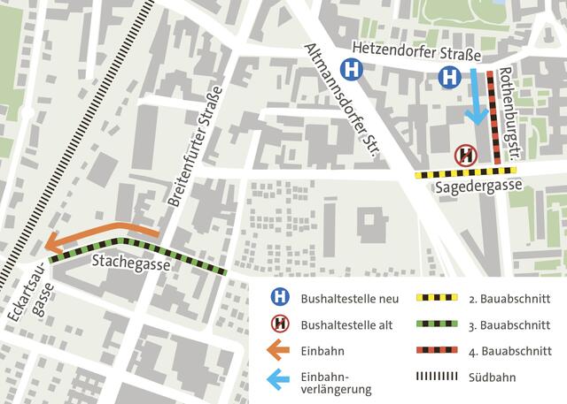 Die Bushaltestellen des 16A und des N65 werden verlegt. Die Stachegasse wird zur Einbahn Richtung Eckartsaugasse. Die Rothenburgstraße wird zur Einbahn Richtung Sagedergasse. | Foto: Plan: APA/Grafik: J. Tanzer