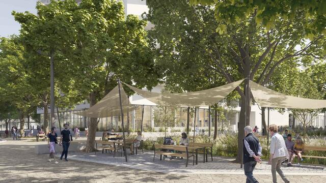 Unter dem Sonnensegel kann man am Quartiersplatz künftig relaxen. | Foto: BOKEHdesignstudio