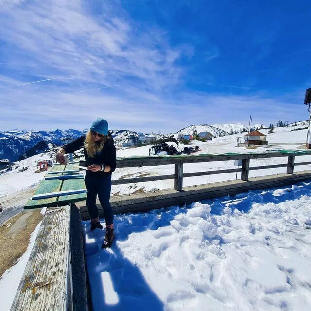 "Die Hütte hat neue Fenster bekommen – und so eine Hütte hat viele Fenster, wie wir beim Streichen festgestellt haben", lacht Sandra Peitli.  | Foto: Peitli