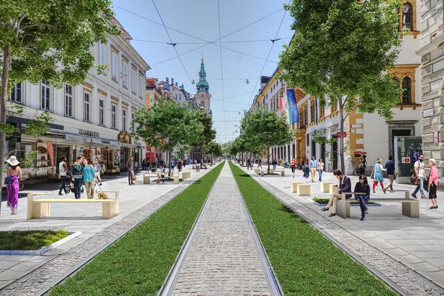 Die im vergangenen Wahlkampf von den Grazer Neos propagierte Stadtallee (Rendering) wird nicht kommen – dennoch soll die Innenstadt durch Baumpflanzungen deutlich grüner werden. | Foto: Threesixty Media Solutions