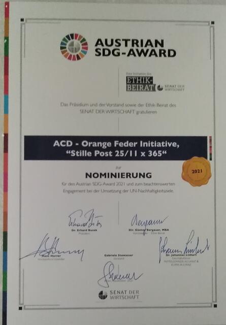 Orange Feder Initiative, Stille Post 25/11 x 365,
Austrian SDG Award | Foto: Tatjana Christelbauer