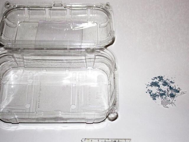 Von einer Obstschale aus PET (links) blieben nach dem Versuch lediglich Farbstoff und Reste von Schnittkanten zurück. | Foto: Universität Leipzig