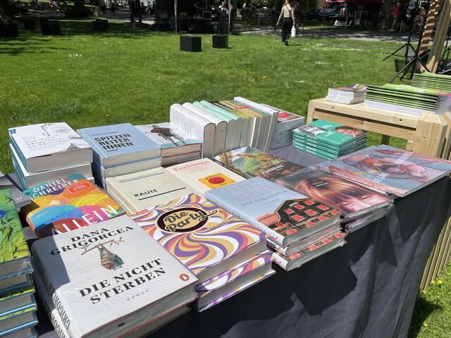 Viele Bücher warten am Büchertisch im Kurgarten.