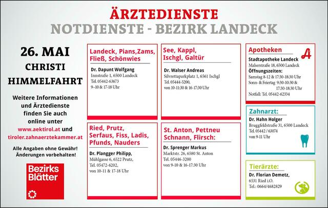 Die Notdienste im Bezirk Landeck für Donnerstag, 26. Mai (Christi Himmerlfahrt). | Foto: BezirksBlätter Landeck