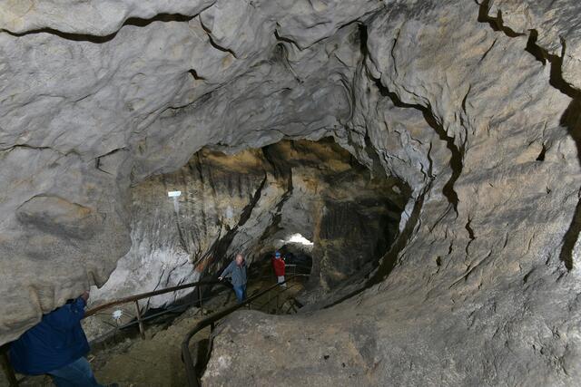 Am Foto sieht man die vom Wasser und Säuren ausgewaschenen Felsformationen im Bärengang der Nixhöhle. Als kleines Männchen im Bärengang ist auch Höhlenführer Albin Tauber zu sehen.  | Foto: Albin Tauber