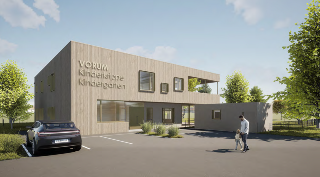 So werden die neue Kinderkrippe und der Kindergarten am "Vorum" aussehen, der Baustart ist mit Sommer geplant. | Foto: Stadtgemeinde Voitsberg