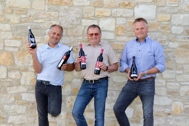 Die Winzer Wolfgang Kneissl, Franz Pichler und Josef Nöhrer (v.l.) mit ihren Finalisten für die Landesweinbewertung 2022. | Foto: Alfred Mayer