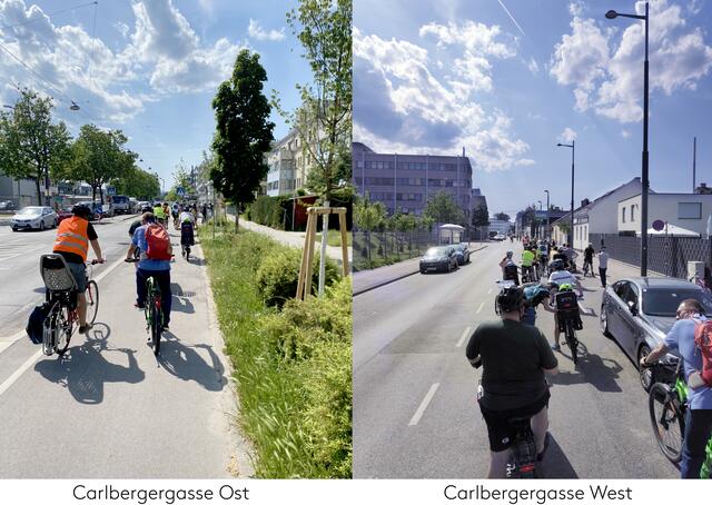 So wie es in der Carlbergergasse-Ost aussieht, soll es bald auch in der Carlbergergasse-West aussehen - wenn es nach den Teilnehmern der Raddemo geht. | Foto: Anna Bertsch