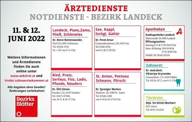 Die Notdienste im Bezirk Landeck für Samstag, 11. Juni und Sonntag, 12. Juni. | Foto: BezirksBlätter Landeck
