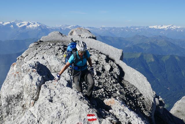 Am Gipfelgrat des Birnhorn. Links dahinter die Glocknergruppe, rechts dahinter die Venedigergruppe.  | Foto: Thomas Neuhold