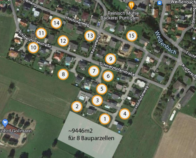 Weiß hinterlegt: neue umgewidmete landwirtschaftliche Nutzfläche. Rote Kreise: umgewidmete, unbebaute Parzellen.  | Foto: Google Maps