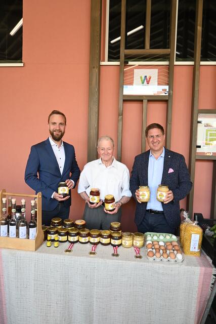 Martin Oberndorfer (links) und Bürgermeister Andreas Rabl (rechts) mit dem Imker Johann Söllrad. | Foto: Stadt Wels 