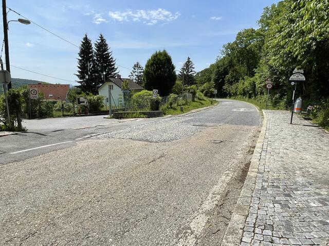 Bei der Einfahrt zur Siedlung würden sich die Bewohner einen Schutzweg wünschen um besser die Straße zur Bushaltestelle queren zu können. | Foto: Michael J. Payer