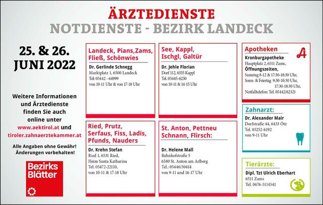 Die Notdienste im Bezirk Landeck für Samstag, 25. Juni und Sonntag, 26. Juni. | Foto: BezirksBlätter Landeck