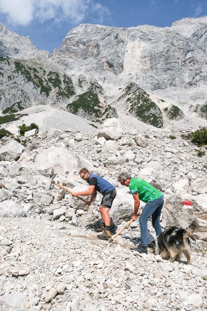 Wegewarte bei der Arbeit über der Alplhütte in der Mieminger Kette. | Foto: Simon Schöpf / Alpenverein