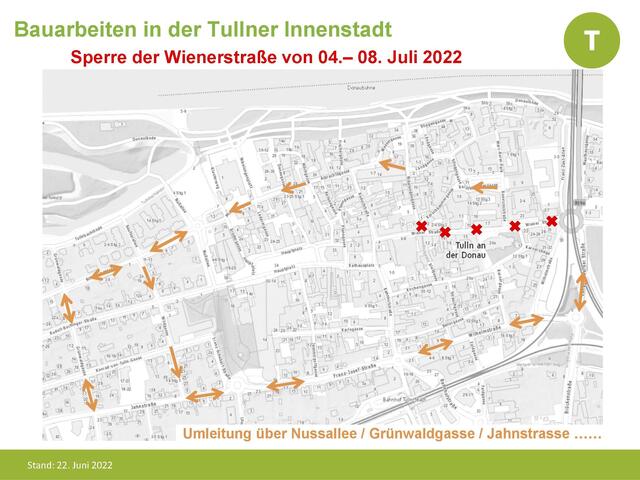 Die Umleitung für die gesperrte Wiener Straße erfolgt über die Wilhelmstraße / Franz-Josef-Straße. | Foto: Illustration: Stadtgemeinde Tulln