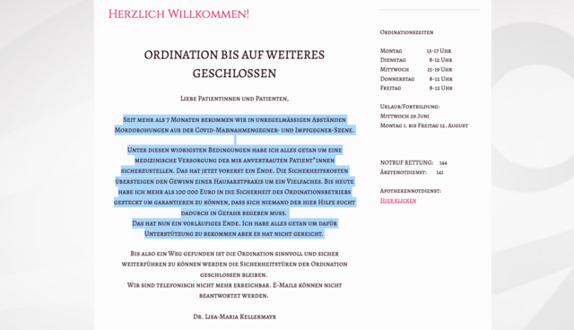 Die Ärztin aus Seewalchen schließt ihre Ordination bis auf Weiteres. | Foto: Screenshot