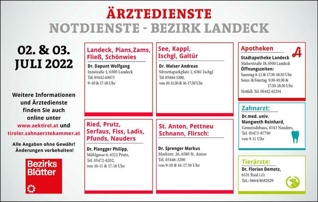 Die Notdienste im Bezirk Landeck für Samstag, 02. Juli und Sonntag, 03. Juli. | Foto: BezirksBlätter Landeck