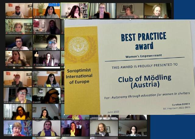 TeilnehmerInnen beim FemalePowerTalk, der Online Webinar Veranstaltungsreihe. Soroptimist International Europe vergab dafür den Preis – als einzigen Best Practice Award auf Clubebene – an den Mödlinger Serviceclub.