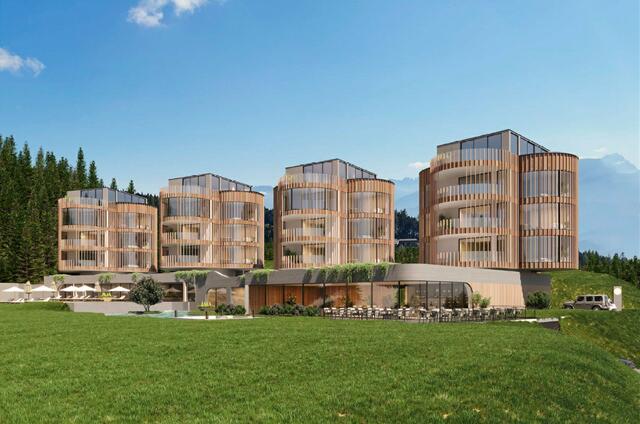 Das »4 Trees«-Resort in der Visualisierung in Mösern. So sollen die architektonisch markanten vier Gebäude von Westen her betrachtet aussehen. | Foto: Visualisierung: Giarizzo Architekten