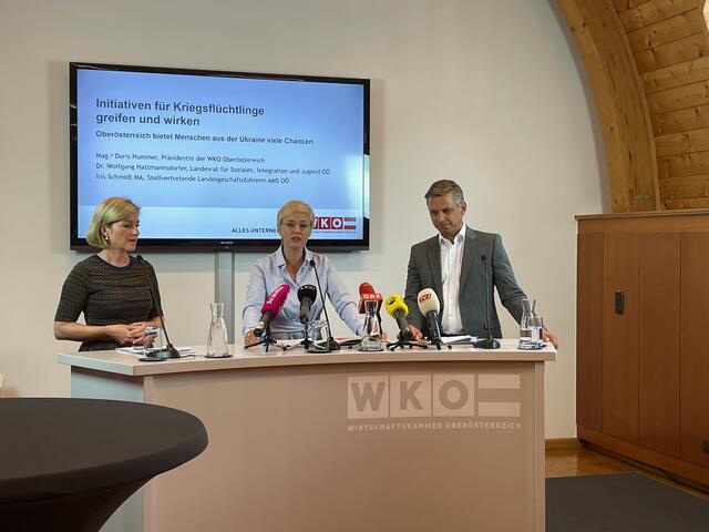 V.l.: Iris Schmidt (Stv. Landesgeschäftsführerin AMS), Doris Hummer (Präsidentin WKOÖ) und Soziallandesrat Wolfgang Hattmannsdorfer (ÖVP). | Foto: BRS