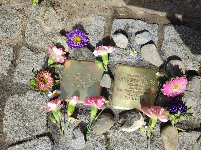 Für Samuel und Katharina Weiss wurden vor dem Rathaus Stolpersteine verlegt. | Foto: Daniela Grabe/Verein für Gedenkkultur