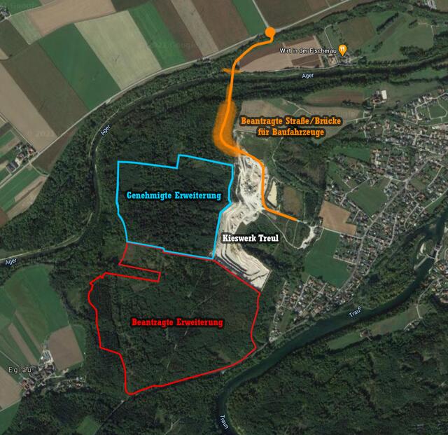 Die Bürgerinitiative will die neue Erweiterung (rot) und die von 2018 (blau) kippen, die Gemeinden setzen auf den Brückenbau zur B1 (orange).  | Foto: Huss
