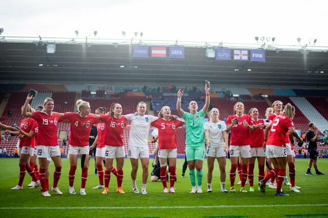 Die Fußballerinnen freuen sich über den Einzug ins Viertelfinale. | Foto: Eibner / EXPA 