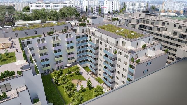 Fünf neue Wohnhäuser entstehen beim Höchstädtplatz. Jene in der Dresdner Straße erhalten grüne Innenhöfe und Balkone in Pasellfarben.  | Foto: Huss Hawlik Architekten (Rendering)