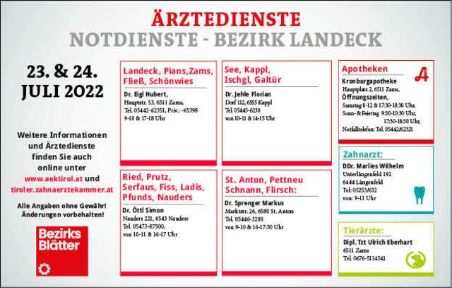 Die Notdienste im Bezirk Landeck für Samstag, 23. Juli und Sonntag, 24. Juli. | Foto: BezirksBlätter Landeck