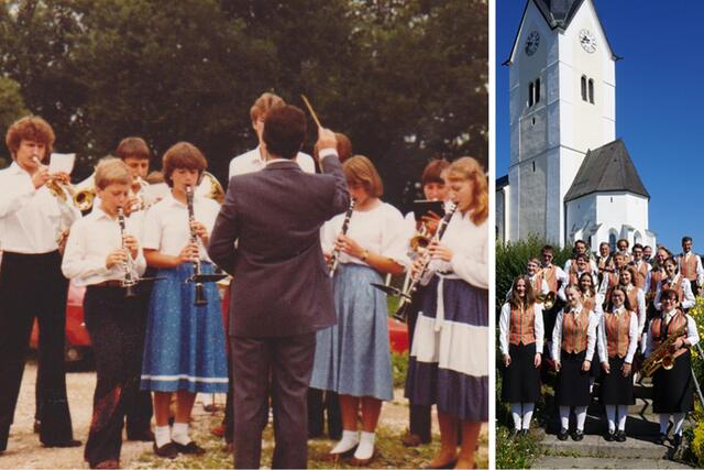 Der erste Auftritt 1982 unter Josef Suntinger legte den Grundstein für eine musikalisch erfolgreiche und beliebte Kapelle. Rechts: Musikverein Möchling-Klopeiner See in seinem heurigen Jubiläumsjahr | Foto: MV Möchling-Klopeiner See