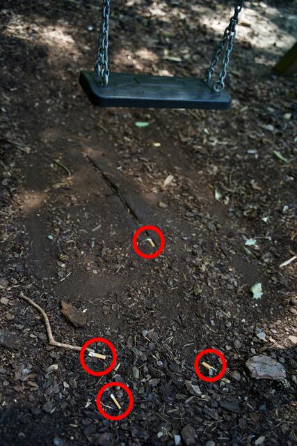 Zigarettenkippen bei der Schaukel. Dahinter ist Waldgebiet.