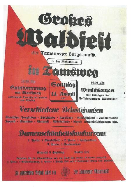 Auf diesem Original-Plakat aus dem Jahr 1987 wird das große Waldfest in Tamsweg angekündigt – mit Samsonumzug, Wunschkonzert, Damenschönheitskonkurrenz und verschiedenen Belustigungen. | Foto: Waldfest