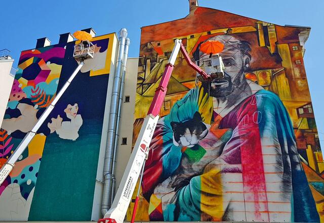 Calle Libre 2018: Schiele und Klimt vor Fertigstellung von Kobra (Brasilien) und Kruella D' Enfer (Portugal).
