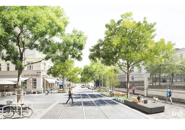 Die neue Thaliastraße in Wien soll ein Paradebeispiel für "klimafitte" Straßen werden.  | Foto: DnD Landschaftsarchitektur