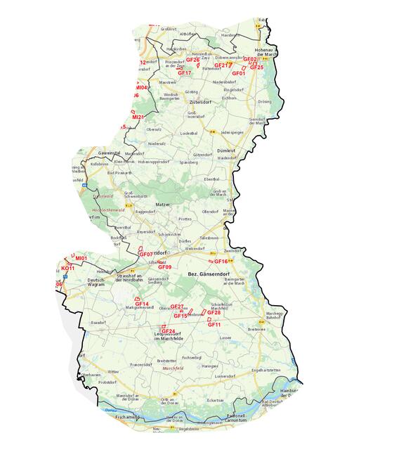 Bezirk Gänserdorf: Rot markierte Zonen für Photovoltaikgroßanlagen im Grünland. | Foto: Land NÖ