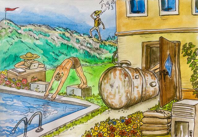 Collini und Ecker wird man auf den Bergen, Kainz auf dem Rad, Schmidt im Garten, Hauer mit der Badehose antreffen. Und Dorner macht sein Haus klimafit. | Foto: Karikatur: Simone Göls