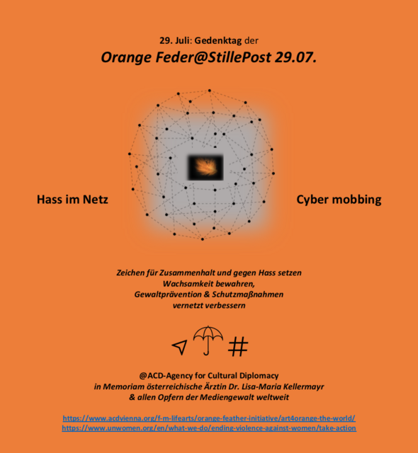 Orange Feder @Stille Post 29.07.
Gedenkkarte
Gedenktag
Gedenkzeichen
Dr. Lisa-Maria Kellermayr
wachsam bleiben
präventiv wirken
vernetzen
#orangetheworld | Foto: Tatjana Christelbauer