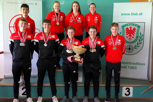 Die Tiroler Jungschützen und Junioren konnten beim RWS Jugendcupfinale am vergangenen Wochenende tolle Erfolge erzielen und sogar den Gesamtsieg holen:
(v.l.n.r.)
Marcel Szentannai, Helena Messner, Julia Biechl, Paula Alberts
Patrick Entner, Dominic Einwaller, Kevin Weiler, Johannes Kuen, Samuel Isser | Foto: Christian Kramer, TLSB