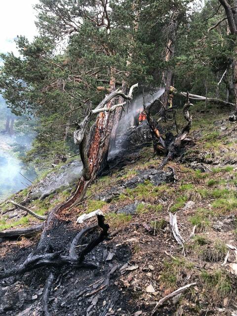 In unwegsamem Gelände brach am vergangenen Freitag in Serfaus ein Waldbrand aus, der einen Großeinsatz über das ganze Wochenende zur Folge hatte. | Foto: Freiwillige Feuerwehr Serfaus