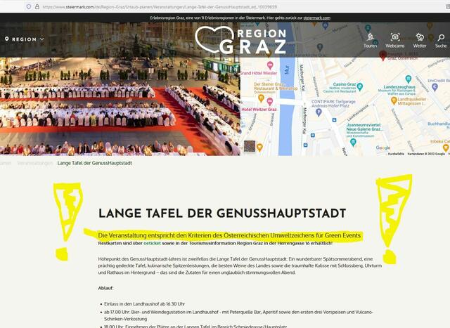 So einfach funktioniert eine Nachhaltige PR :-(
https://www.steiermark.com/de/Region-Graz/Urlaub-planen/Veranstaltungen/Lange-Tafel-der-GenussHauptstadt_ed_10039659