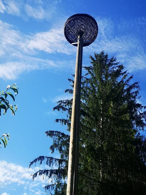 Stabil und heimelig ist das Nest auf dem hohen Mast für das Storchenpaar bei Familie Reitmayr. | Foto: privat