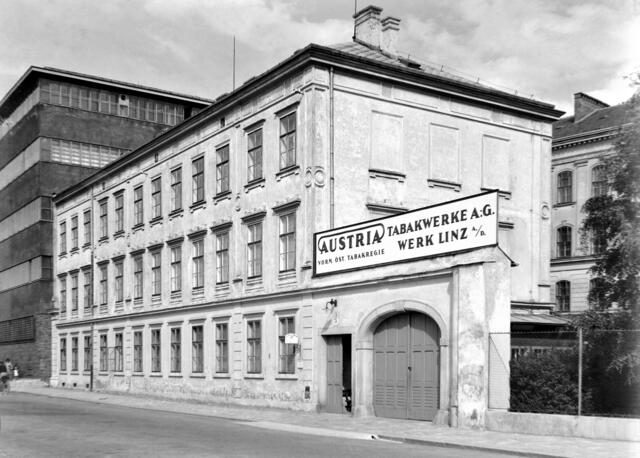Damals 1952: Historisches Gebäude der Tabakfabrik
Das dreigeschoßige Gebäude aus dem alten Ensemble der Tabakfabrik mit der Aufschrift „Austria Tabakwerke AG. Werk Linz. Vormals Österreichische Tabakregie“ stand lange Zeit leer, bevor es 1977/78 abgerissen wurde. Es grenzte direkt an die Pfeifentabaksfabrikation aus dem Jahr 1934. 1981/82 entstand ein neuer Gebäudekomplex für die Verwaltung, das Verkaufslager und die Endverpackung, ohne die Obergeschoße. | Foto: Archiv der Stadt Linz