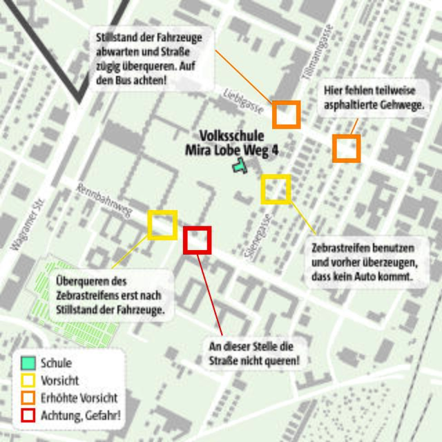 Auf dem Schulweg gibt es diverse Gefahrenstellen. | Foto: Grafik: Heidrich-Brandl
