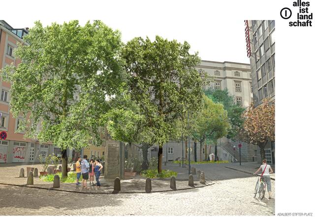 Nach den Baumpflanzungen soll der Adalbert Stifter Platz künftig so aussehen. 
 | Foto: Alles ist Landschaft e.U.