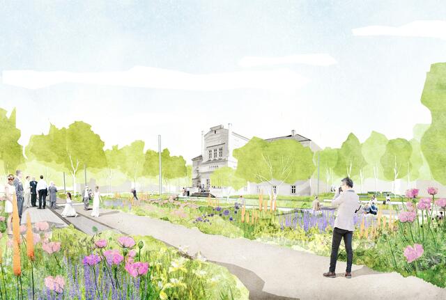 So soll der Nibelungenplatz Tulln nach seiner Umgestaltung aussehen in der Visualisierung des Klostergarten. | Foto: DnD Landschaftsarchitektur