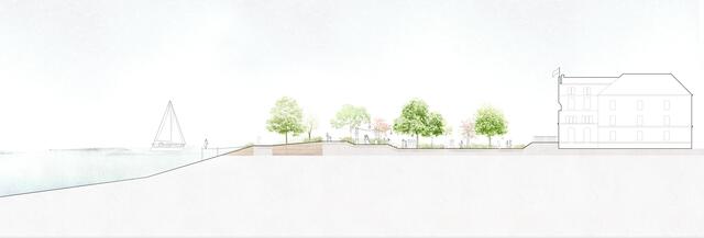 Das Konzept von DnD Landschaftsarchitektur verknüpfte die Vorgaben aus dem Bürgerbeteiligungsprozess optimal mit klimaaktiven Maßnahmen, einer vielfältigen Nutzbarkeit und einladender Gestaltung: Seitenschnitt Rathaus-Klostergarten-Donau | Foto: DnD Landschaftsarchitektur