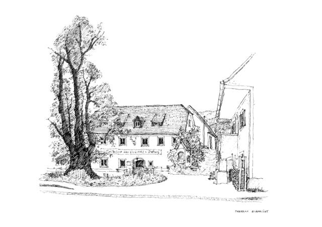 Franz Eitzinger zeichnete das Gasthaus zum Huberwirt in Stattegg, zu sehen bei der Vernissage im Gemeindeamt. | Foto: Eitzinger