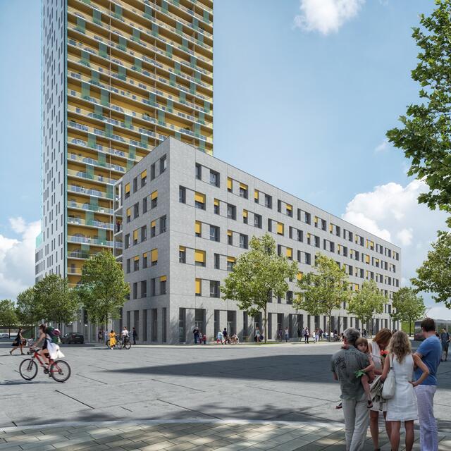 An das Hochhaus "Schneewittchen" angrenzend entsteht ein Gebäude mit 32 Loftwohnungen. | Foto: EGW